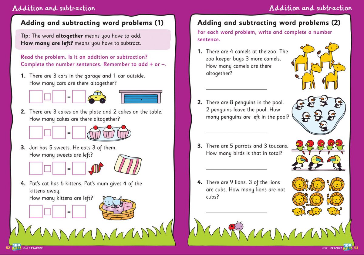 Year 1 Maths Workbook addition and subtraction word problems pages