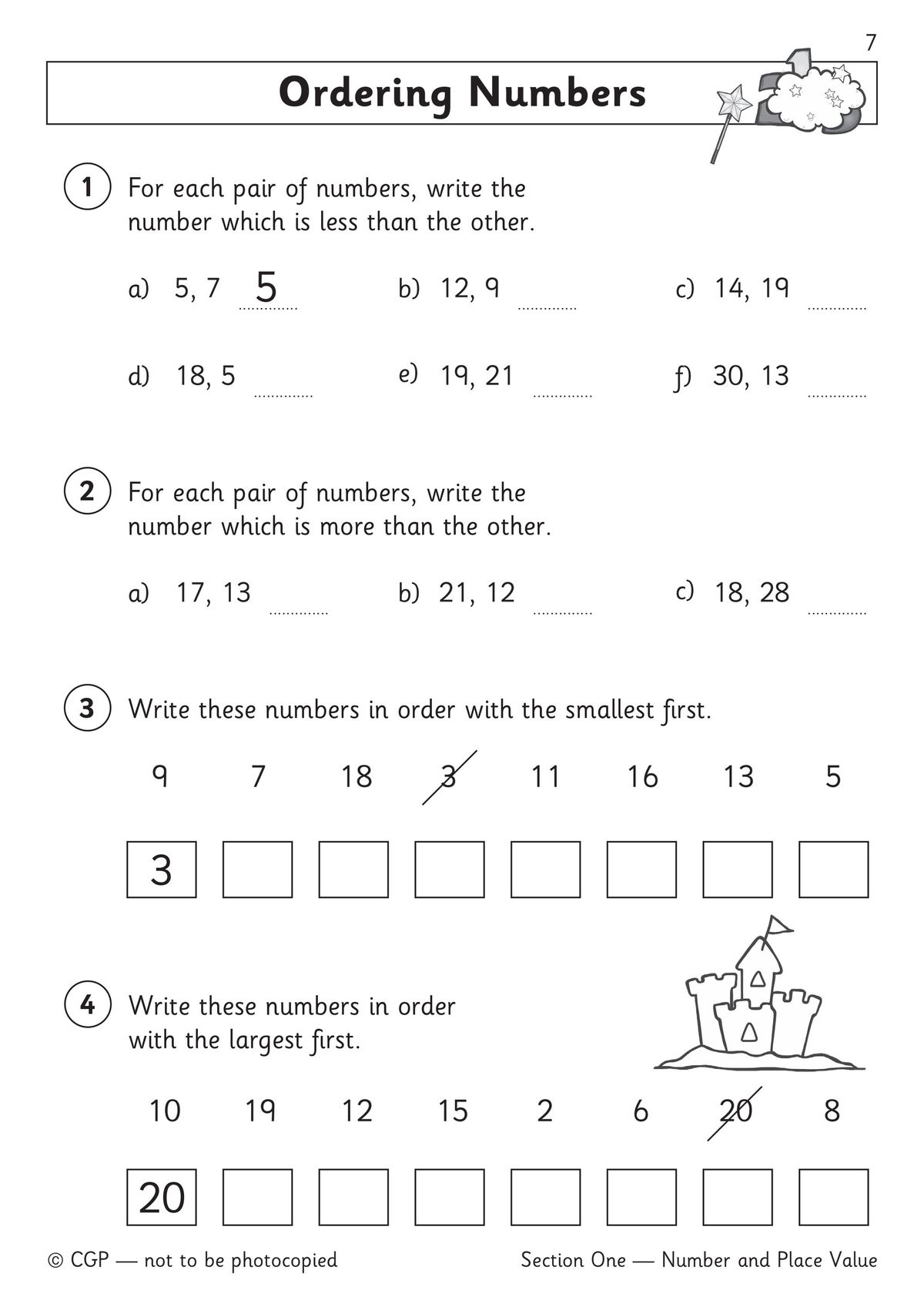 Sample page showing number and place value exercises with shape counting activities