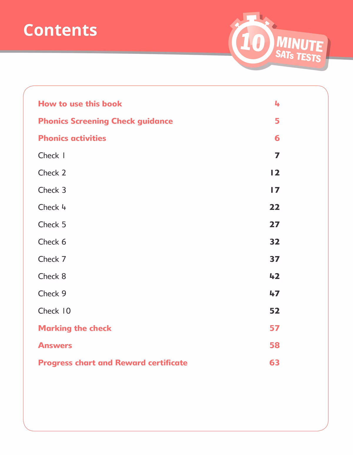 Contents page showing ten phonics checks, marking guidance and answers included