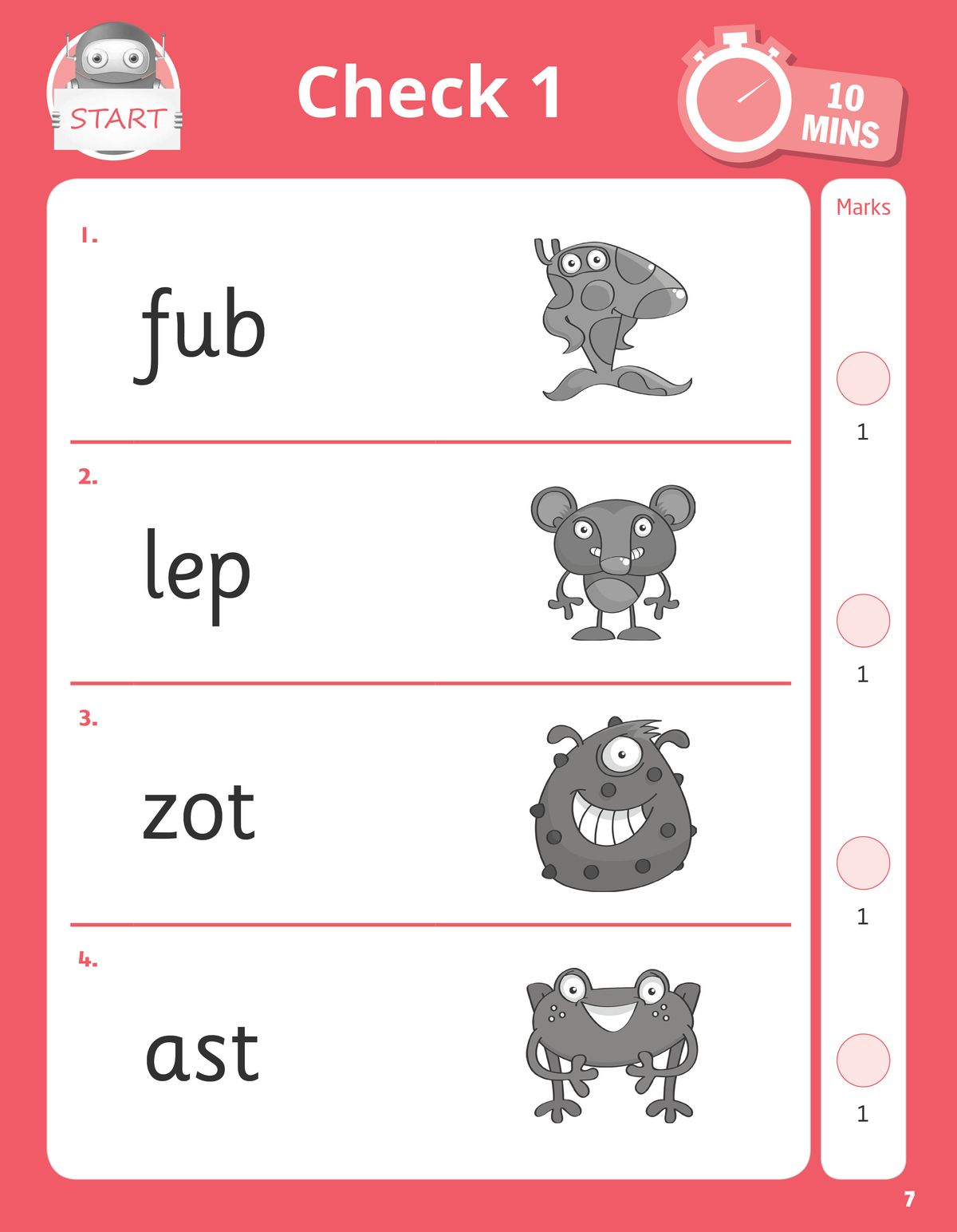 Sample phonics check page showing words with accompanying cartoon illustrations