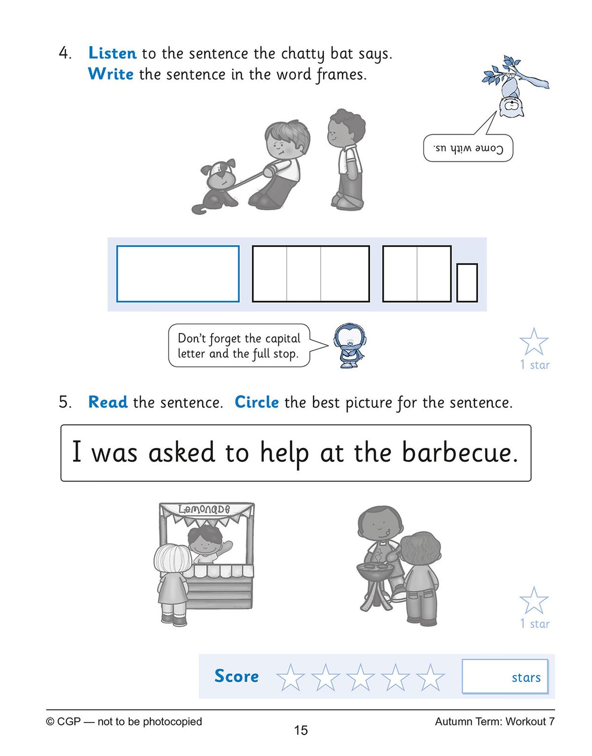 Year 1 Phonics 10-Minute Weekly Workouts sample page showing listening and writing exercise