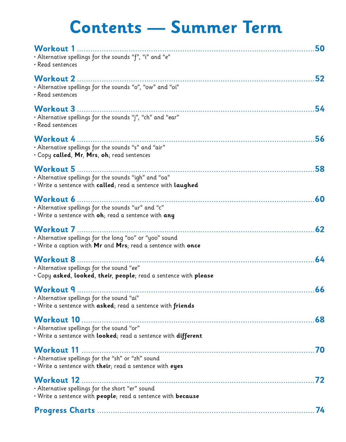 Contents page showing twelve weekly phonics workouts for Summer Term