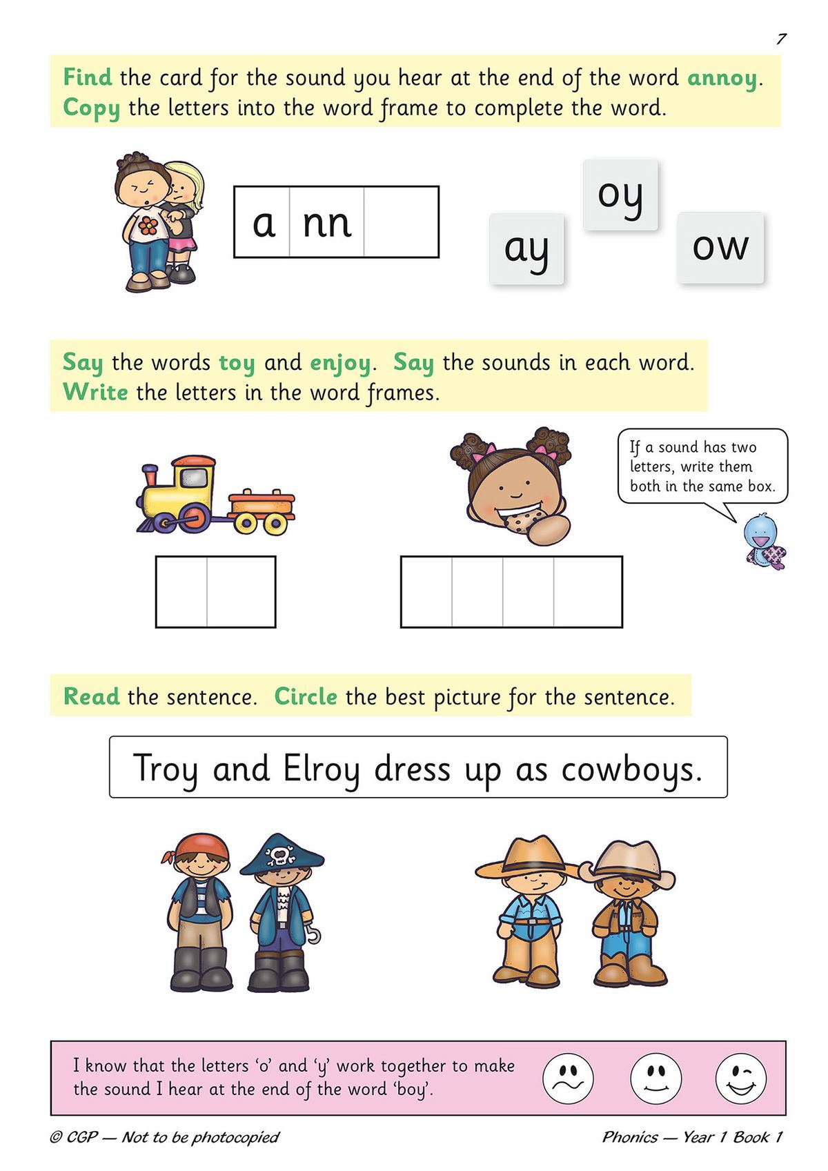 Sample workbook page showing phonics activities with word frames and illustrations