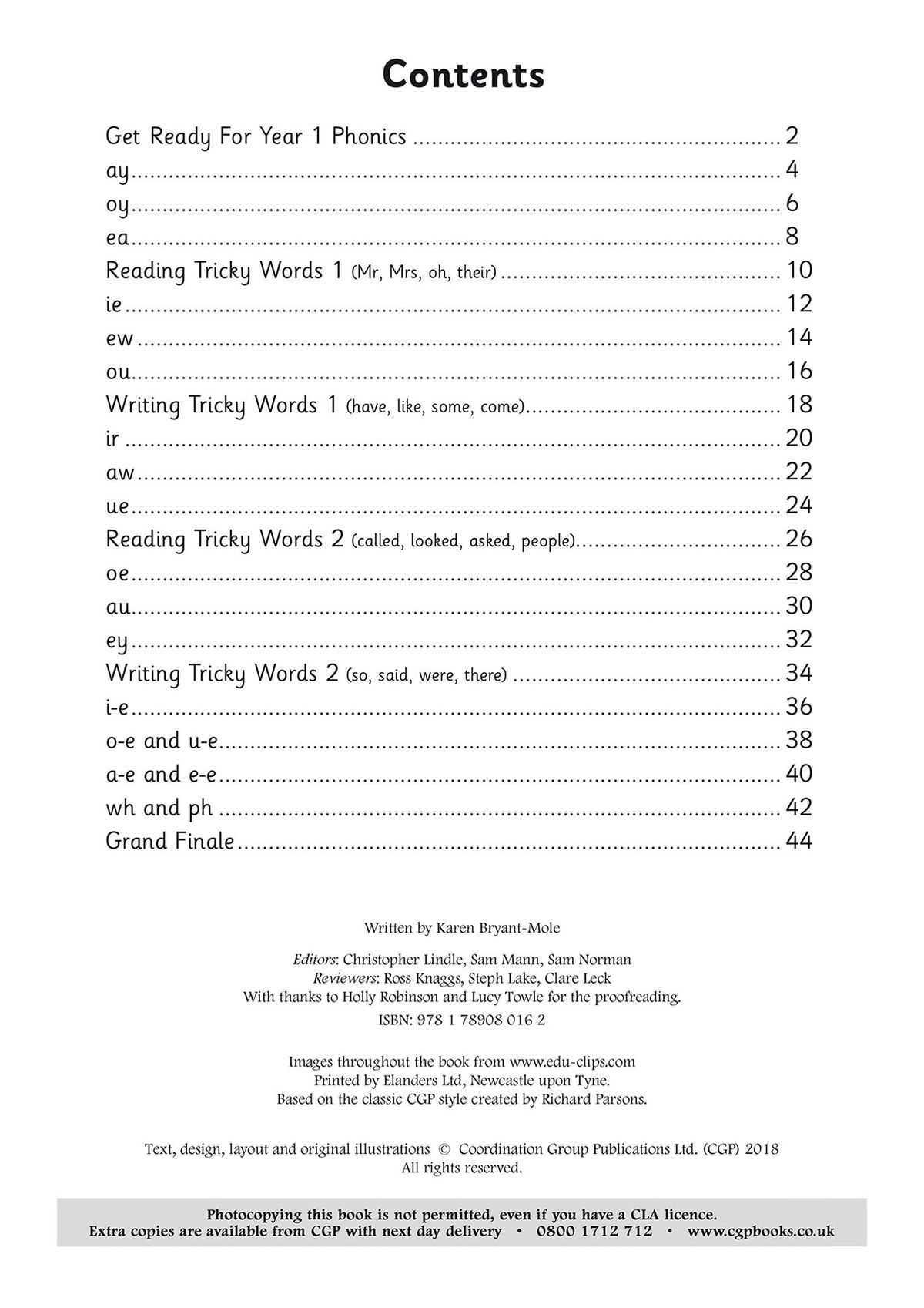 Contents page showing phonics topics covered in the workbook