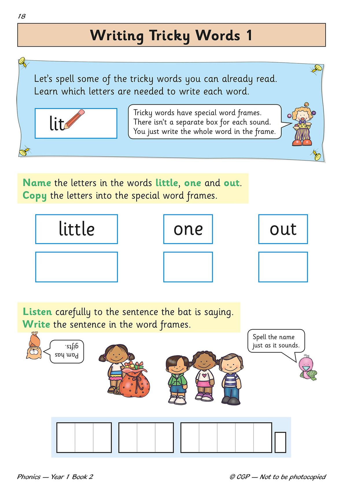 Writing tricky words in special word frames in the Year 1 Phonics Workbook Book 2