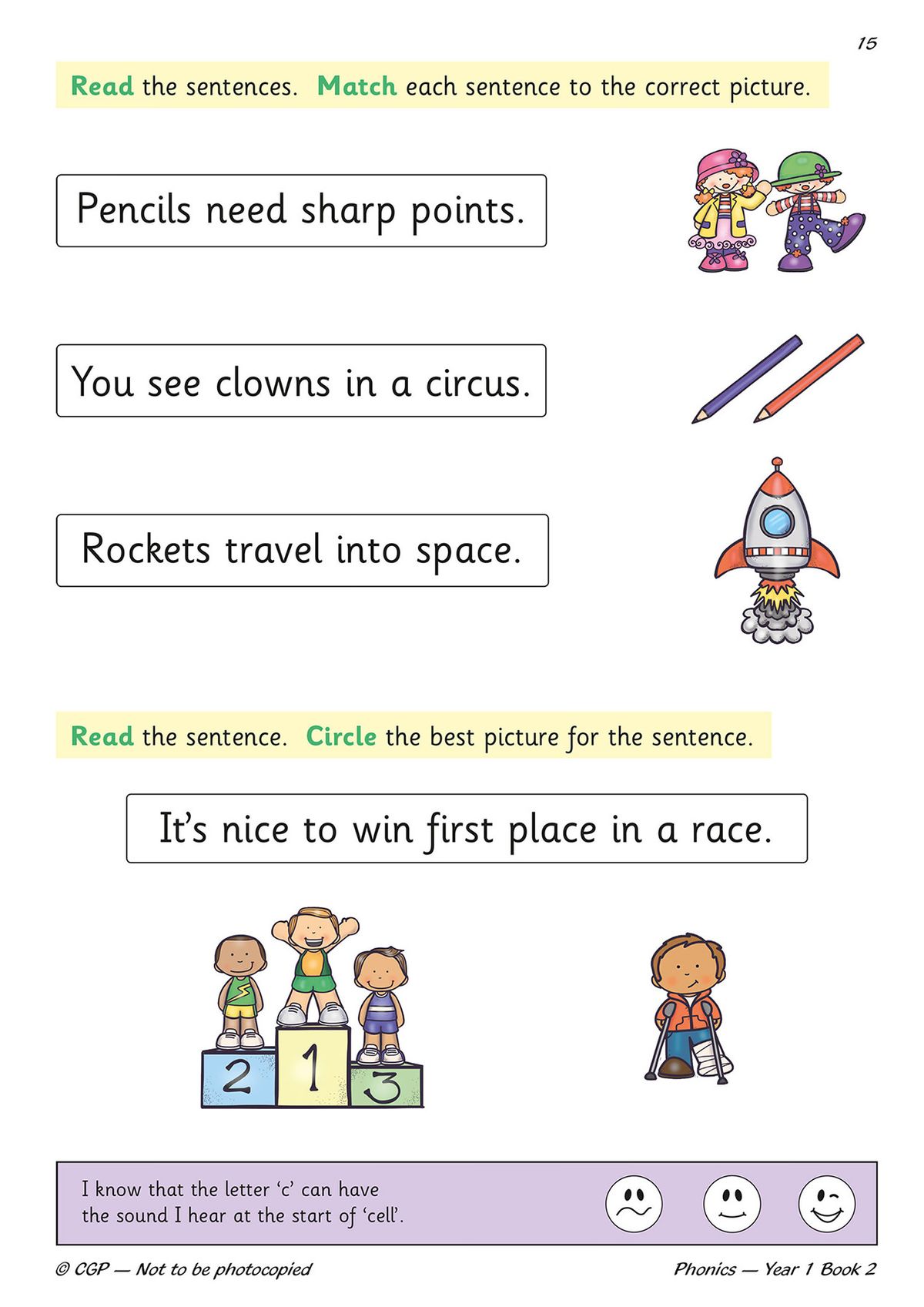 Matching sentences to pictures and circling the correct image in the Year 1 Phonics Workbook Book 2