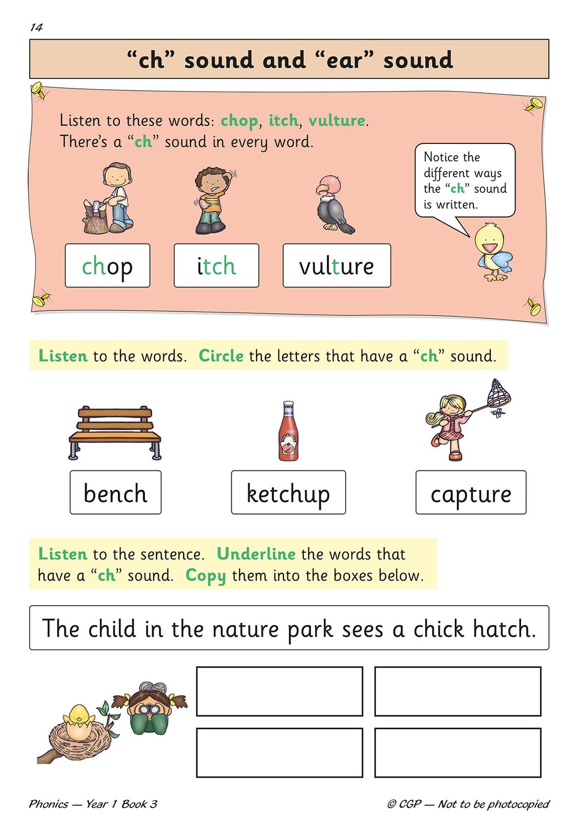 Sample page demonstrating 'ch' and 'ear' sounds with listen, circle and copy activities