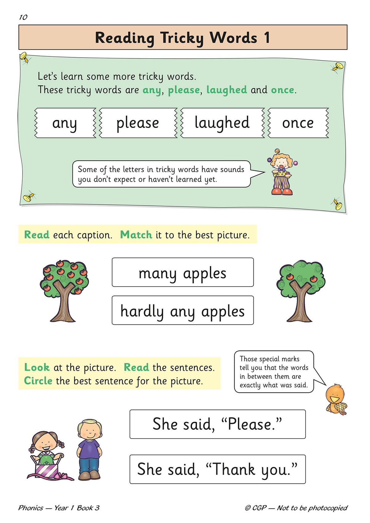 Sample page showing tricky words activities with matching and sentence tasks