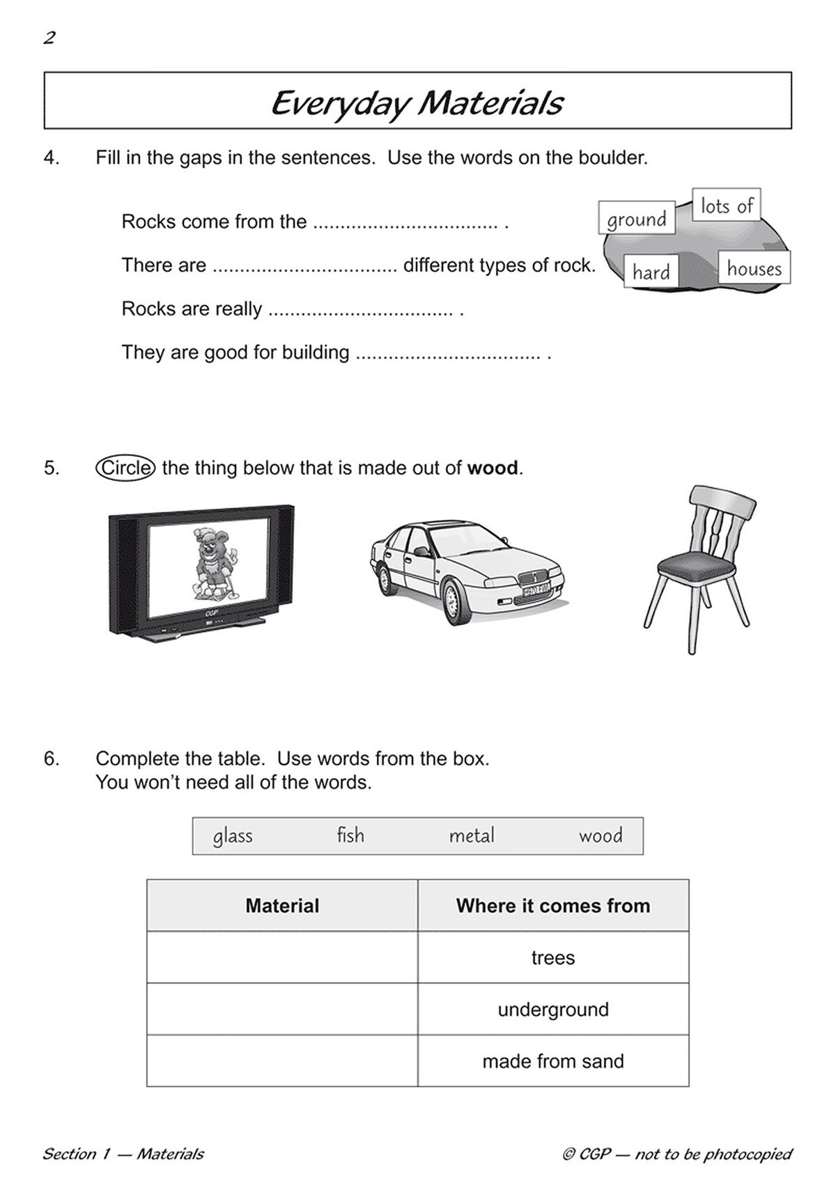Sample page from Year 1 Science Workout showing everyday materials questions