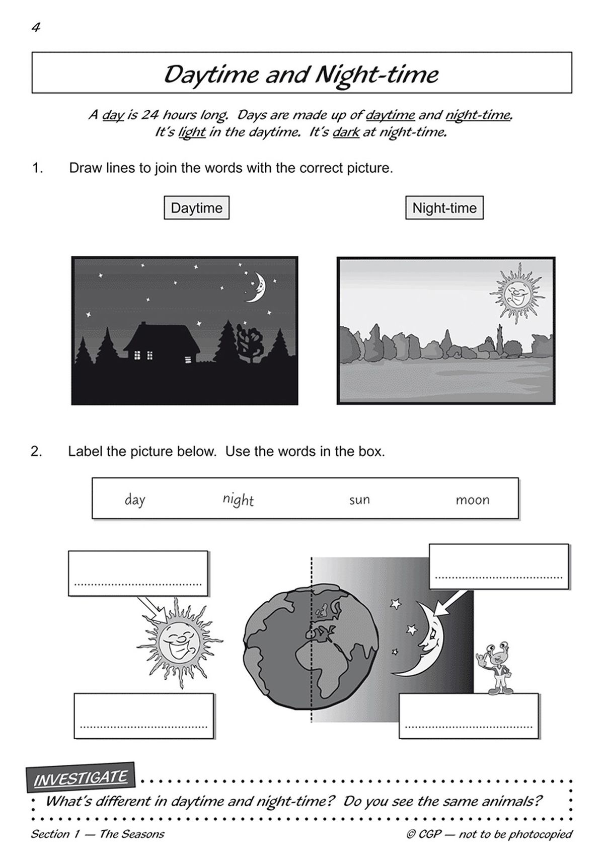 Workbook page on daytime and night-time with labelling and matching tasks