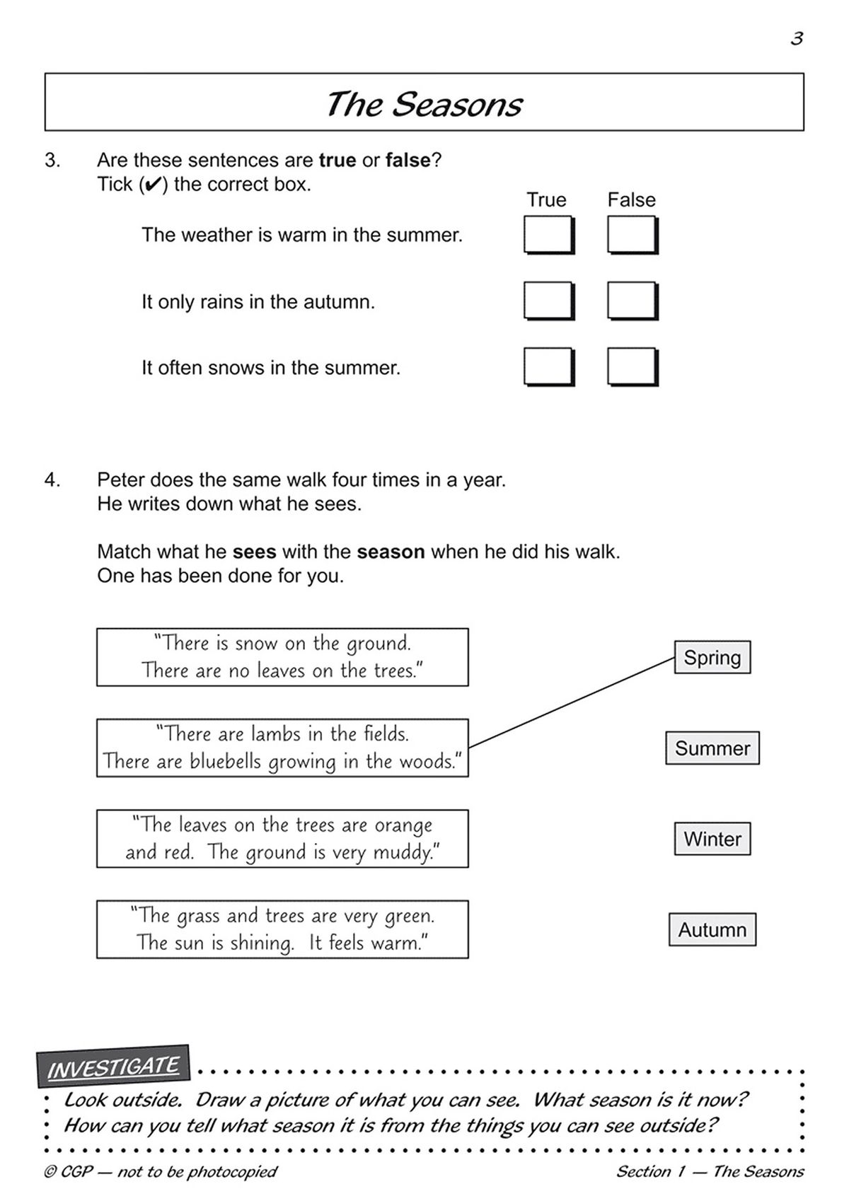 Sample page showing seasonal matching activities and investigation prompts
