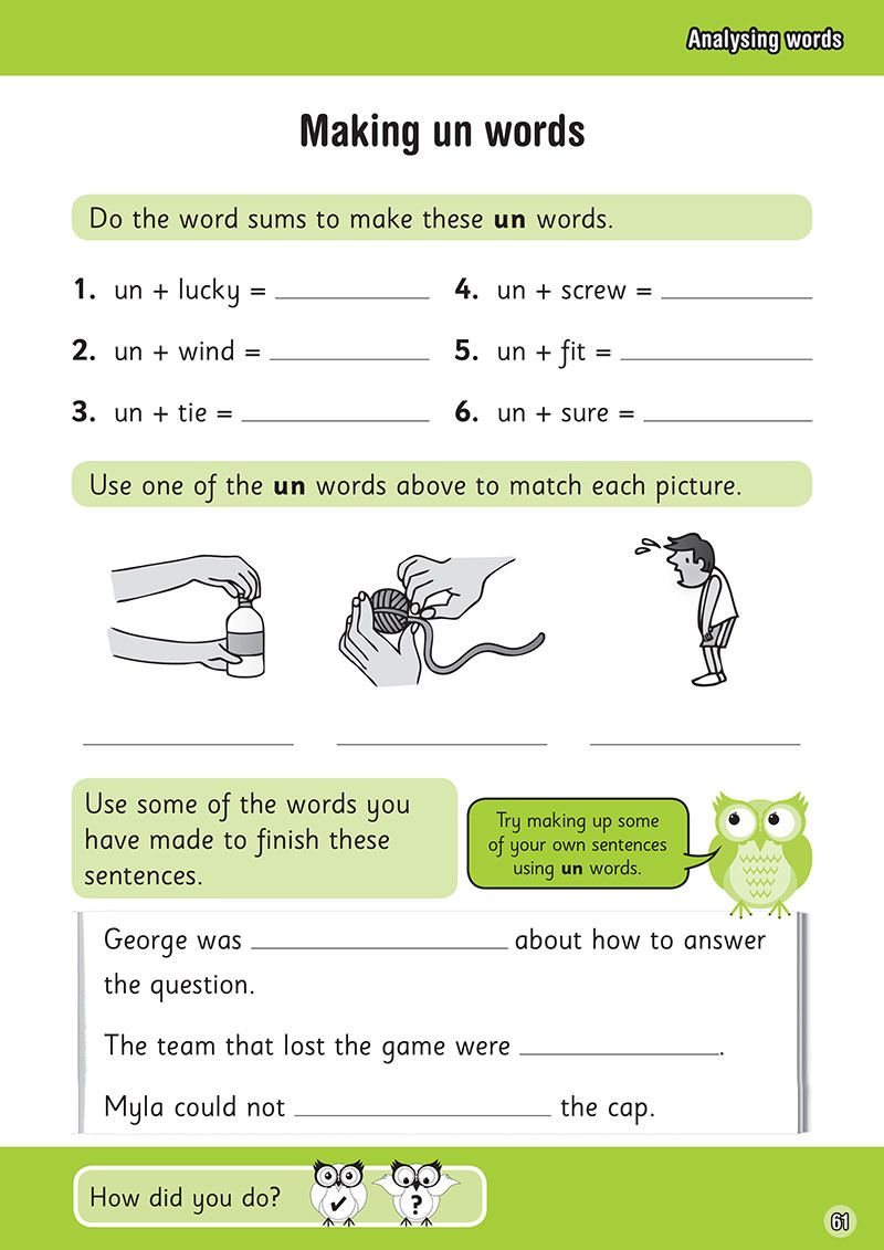 Inside page showing prefix 'un' activities with word sums and picture matching exercises
