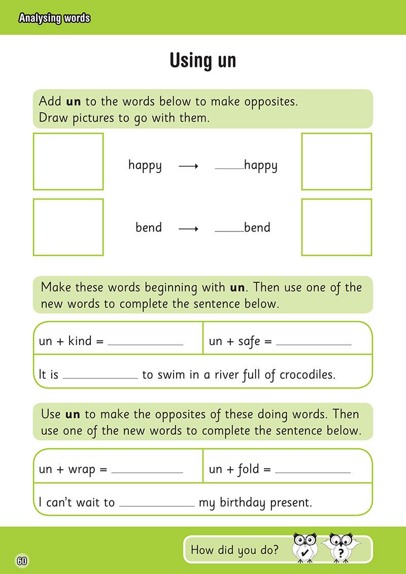Workbook page demonstrating how to use the prefix 'un' to create opposites, with sentence completion tasks