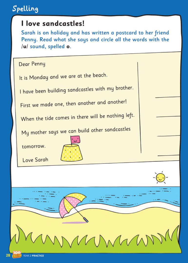 Year 2 English spelling activity featuring a postcard exercise with sandcastle theme