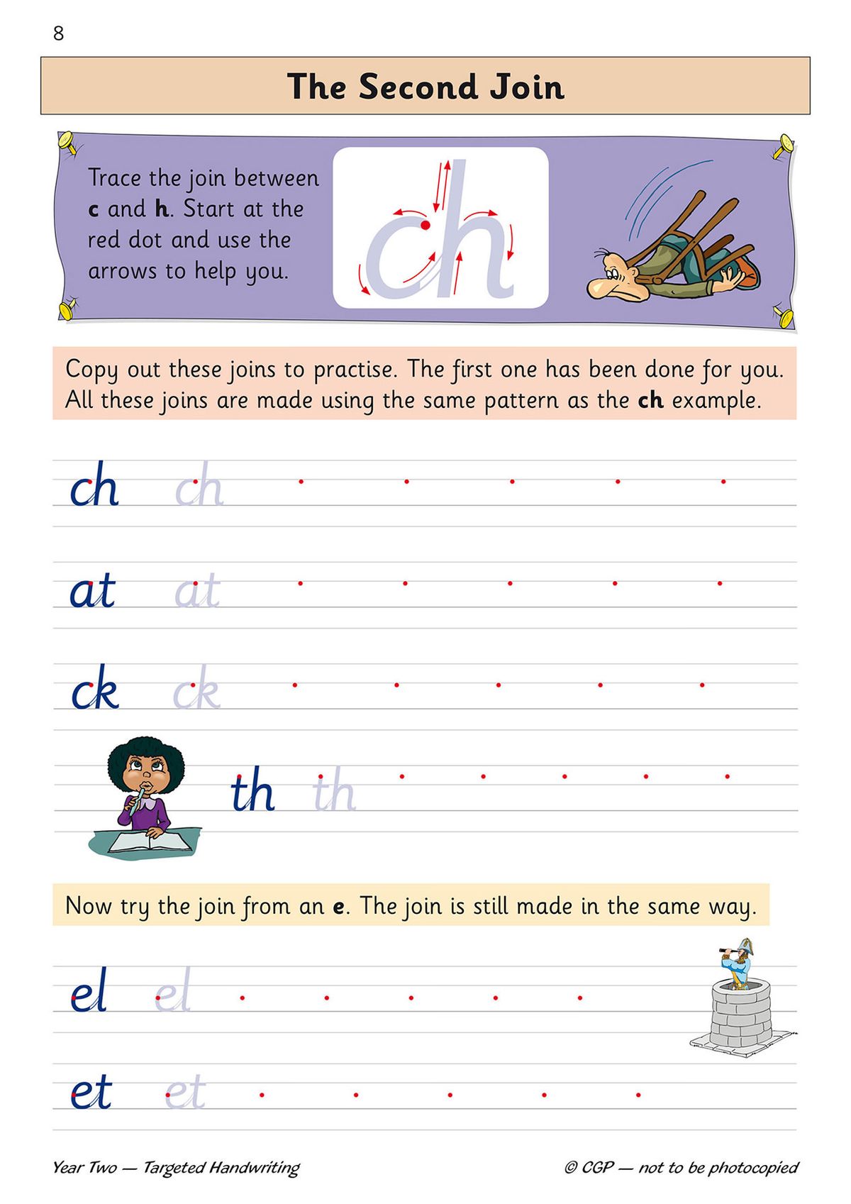 Page introducing a specific letter join with clear directional arrows and character illustrations