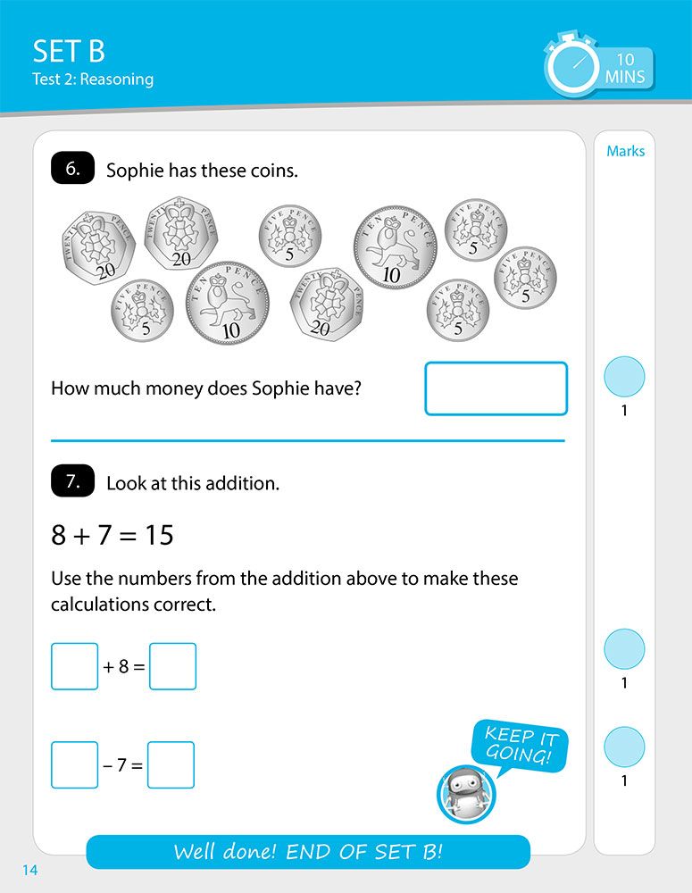 Sample page showing reasoning questions with coin counting and addition problems