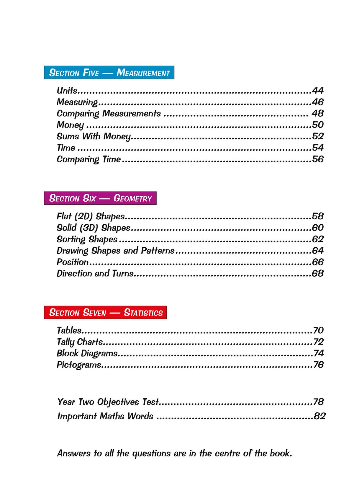 Contents page showing the book's structure with sections on Number and Place Value, Measurement, Geometry, and Statistics