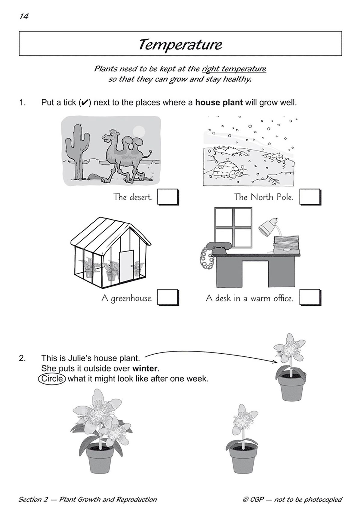 Inside pages showing clear science questions and diagrams about plant growth