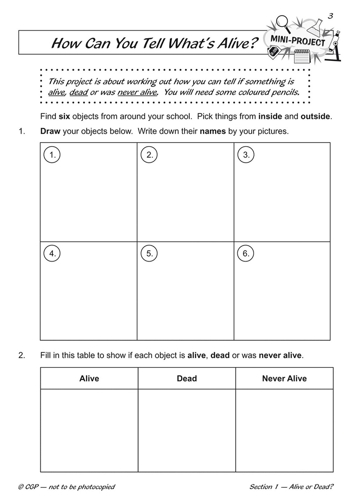 Mini-project page with drawing and sorting activities about living and non-living objects