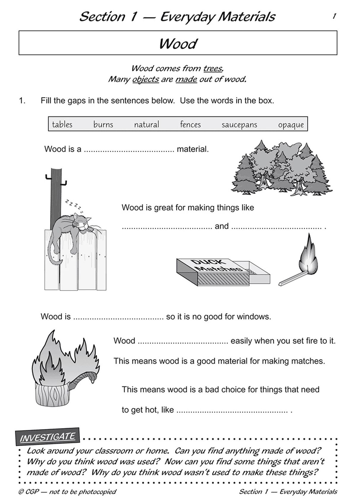 Sample page showing fill-in-the-gap questions about wood properties