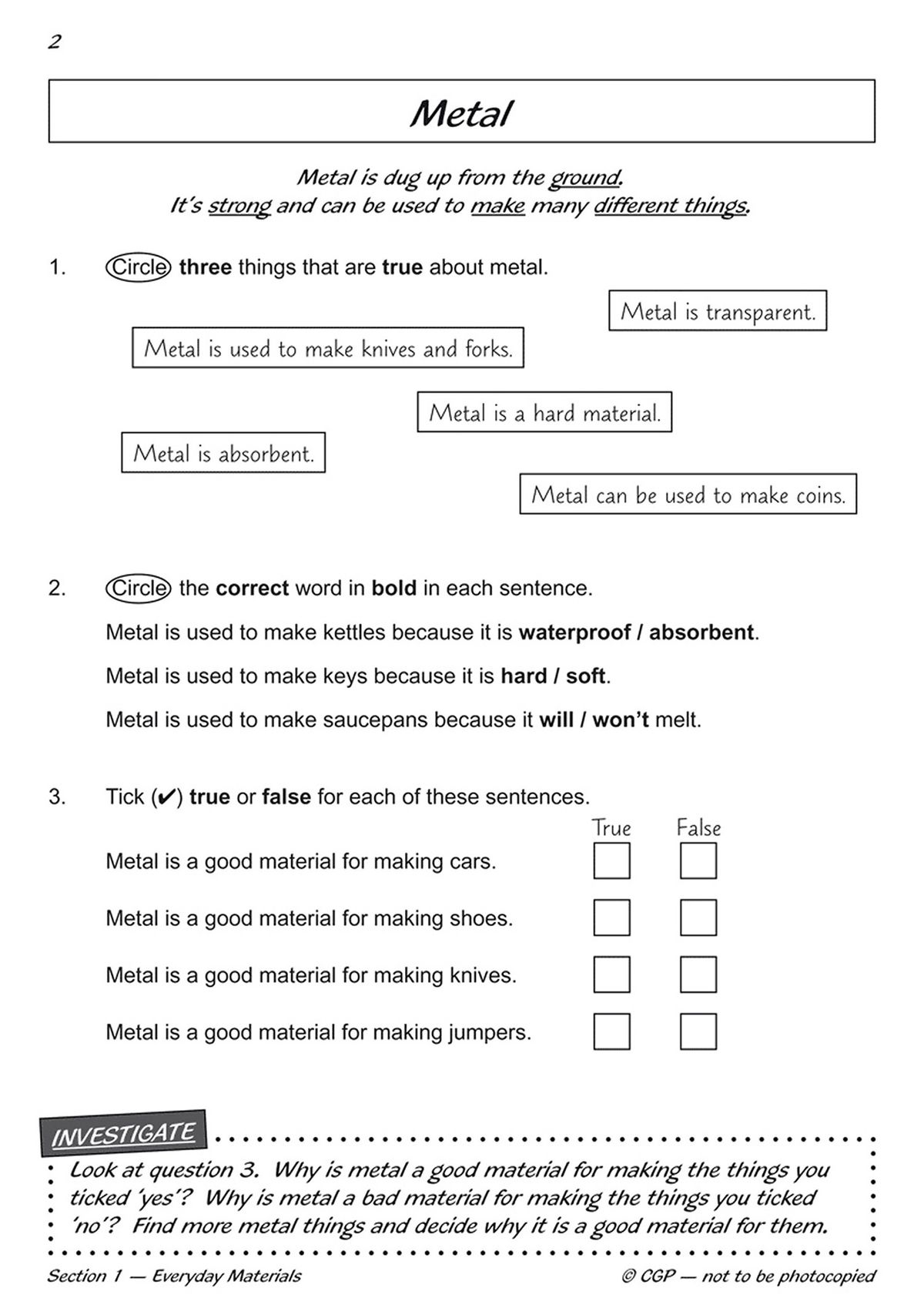 Sample page with questions about metal properties and true or false exercises