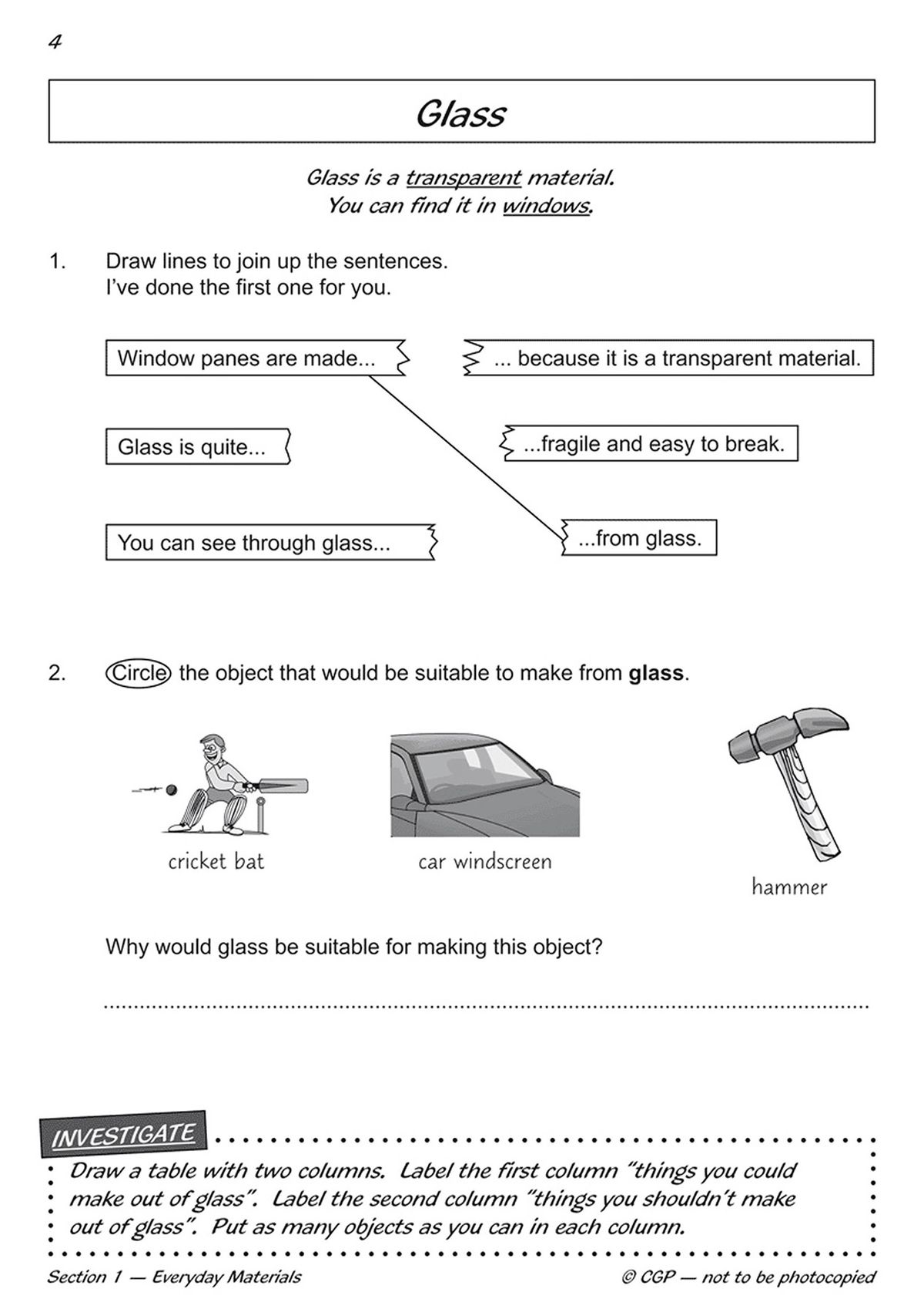 Year 2 Science Workout Uses of Materials workbook showing a page about glass properties