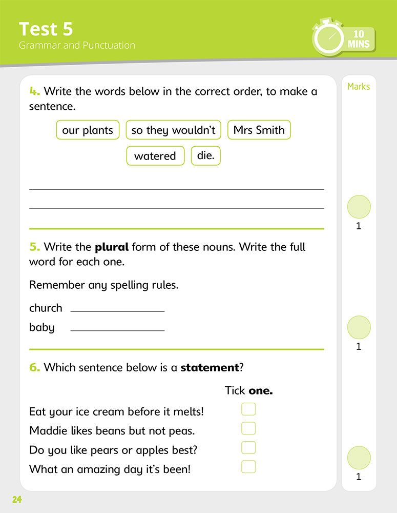 Sample Grammar and Punctuation test page showing sentence ordering, plural nouns and statement identification questions