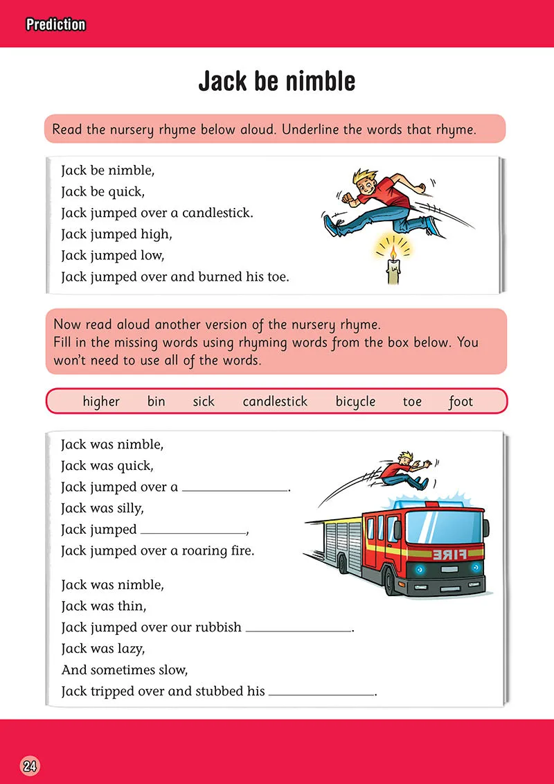 Sample workbook pages showing Jack be nimble nursery rhyme comprehension activities