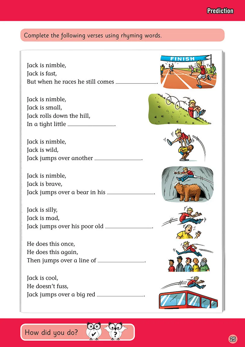 Workbook page with rhyming verse prediction exercises and colourful illustrations
