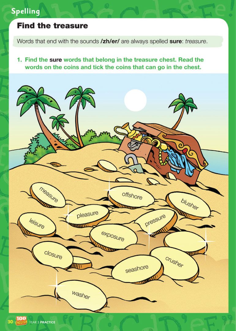 Year 3 English Workbook spelling activity page with treasure hunt theme