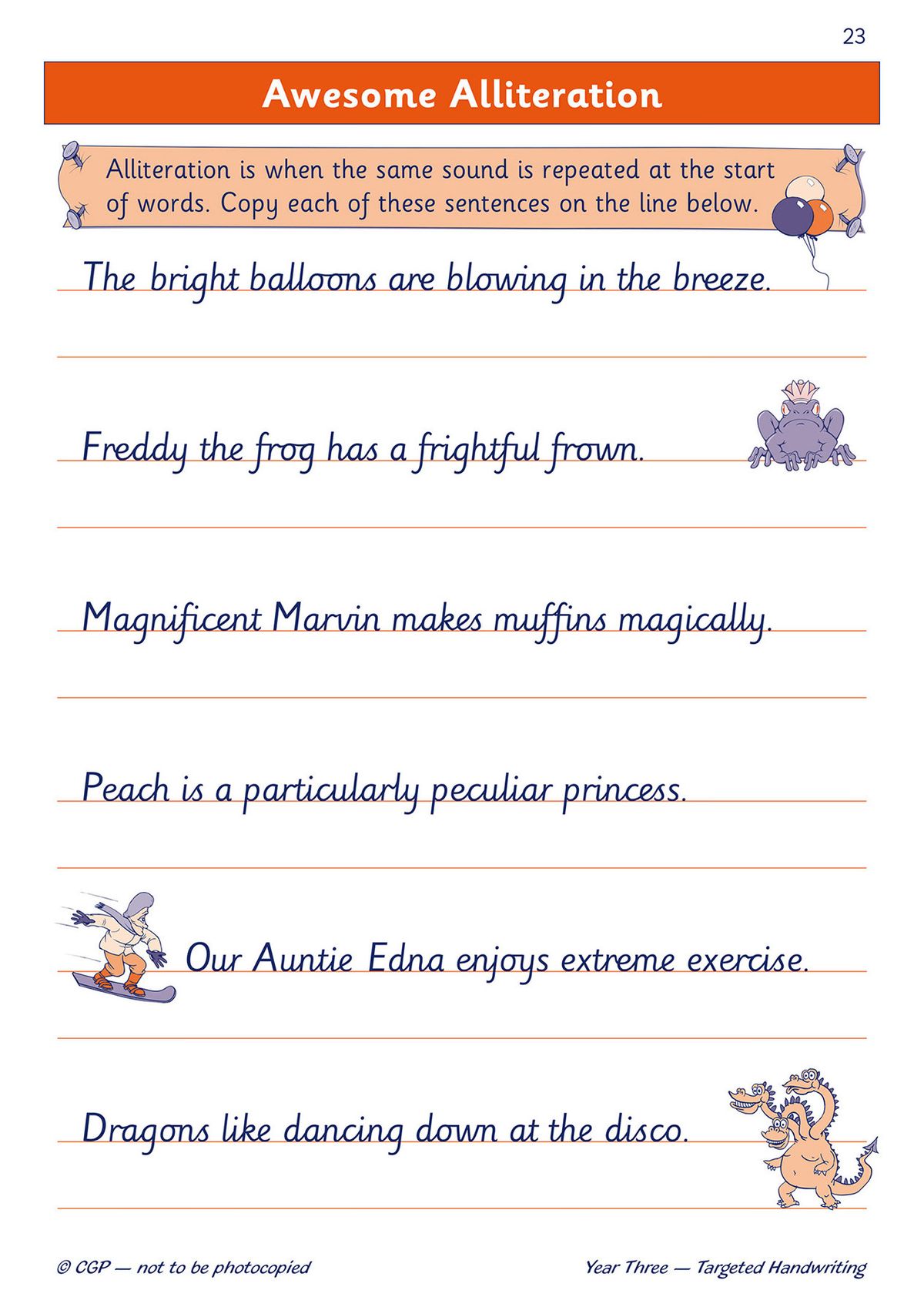 Sample page showing alliteration sentences with joined-up handwriting practice