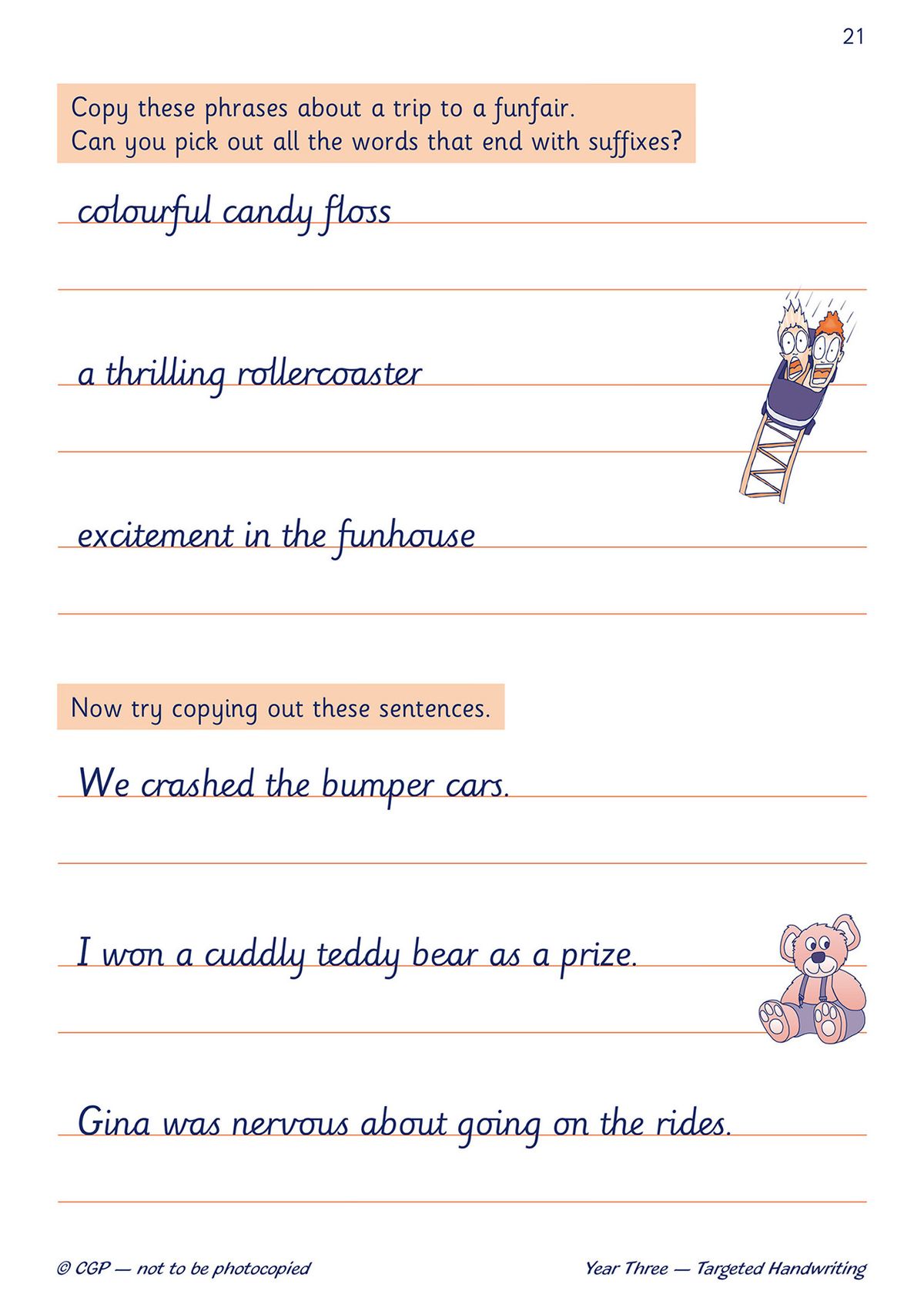 Sample page showing funfair-themed phrases and sentences for handwriting practice