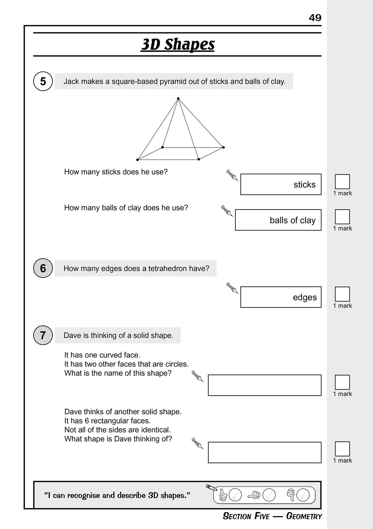 Sample page showing 3D shapes questions with space for answers