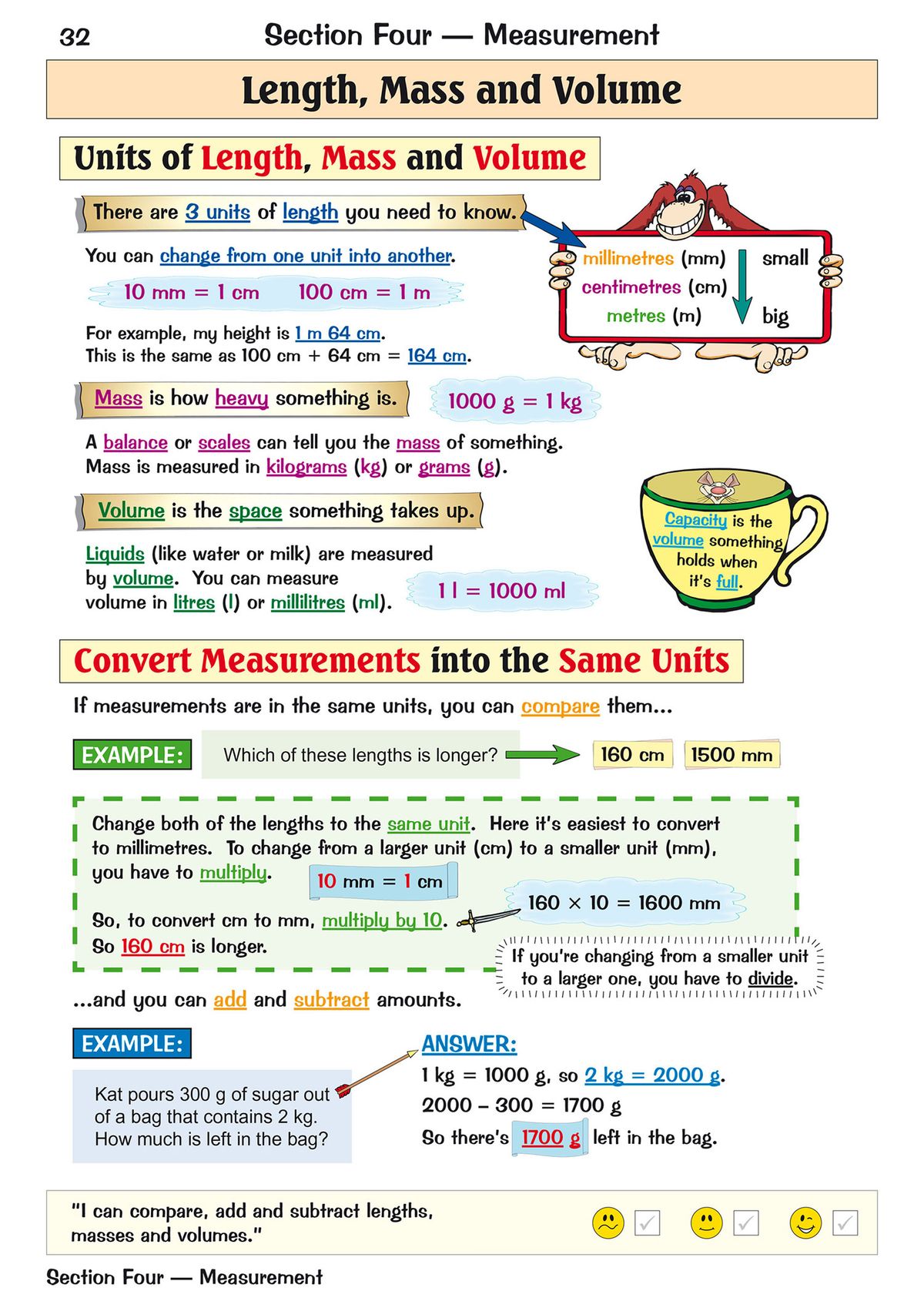 Inside pages showing worked examples on length, mass and volume with clear illustrations and step-by-step instructions