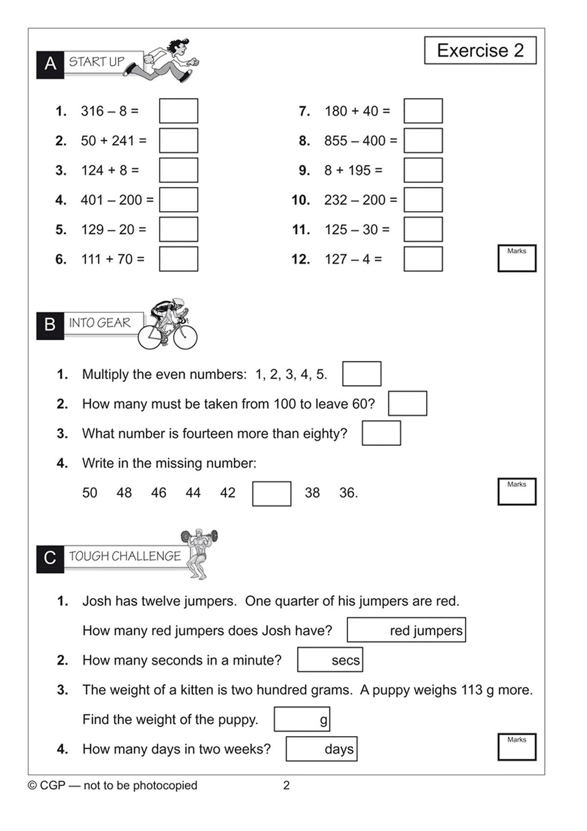Sample exercise page showing mental arithmetic practice questions with increasing difficulty levels