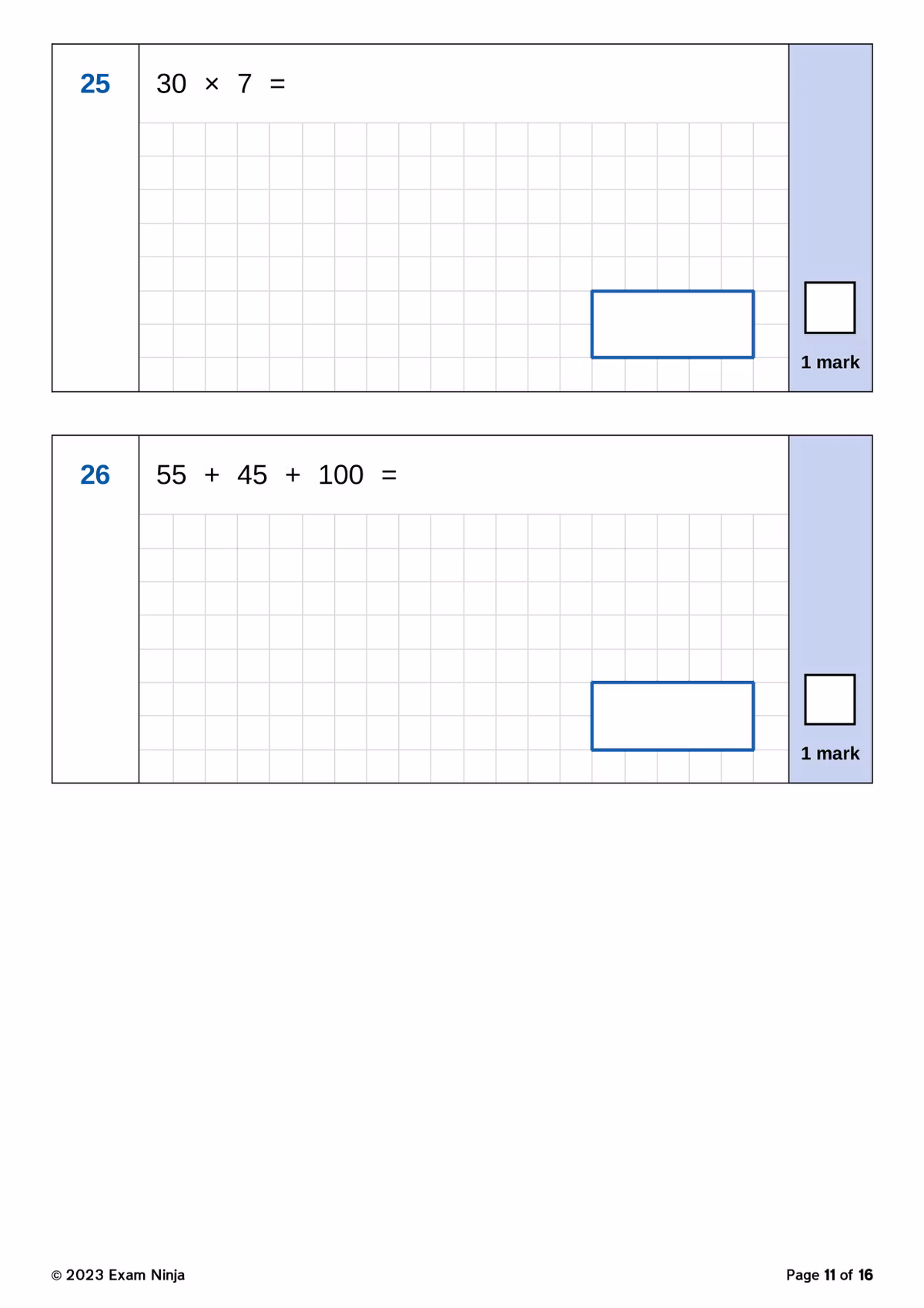 Sample arithmetic questions showing multiplication and addition problems with answer boxes