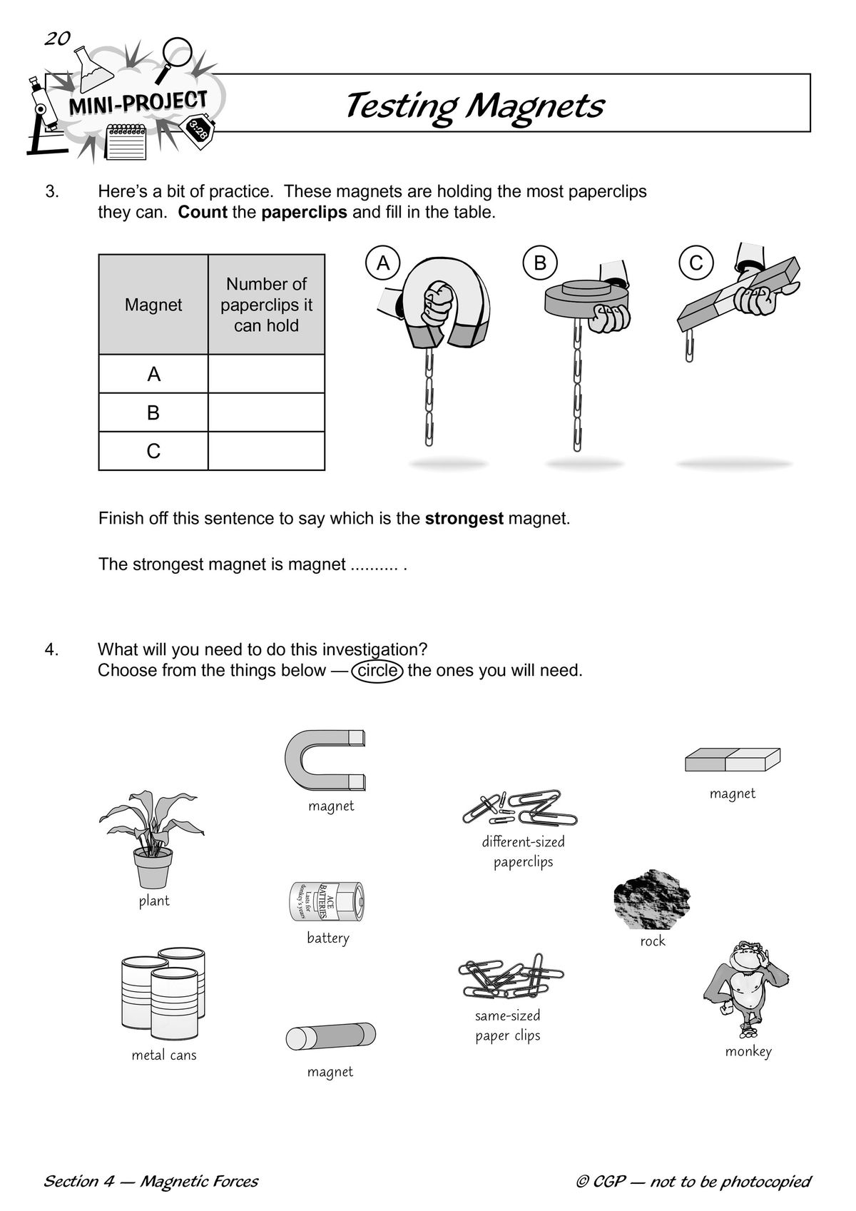 Sample page from the workbook showing questions on testing magnet strength with diagrams