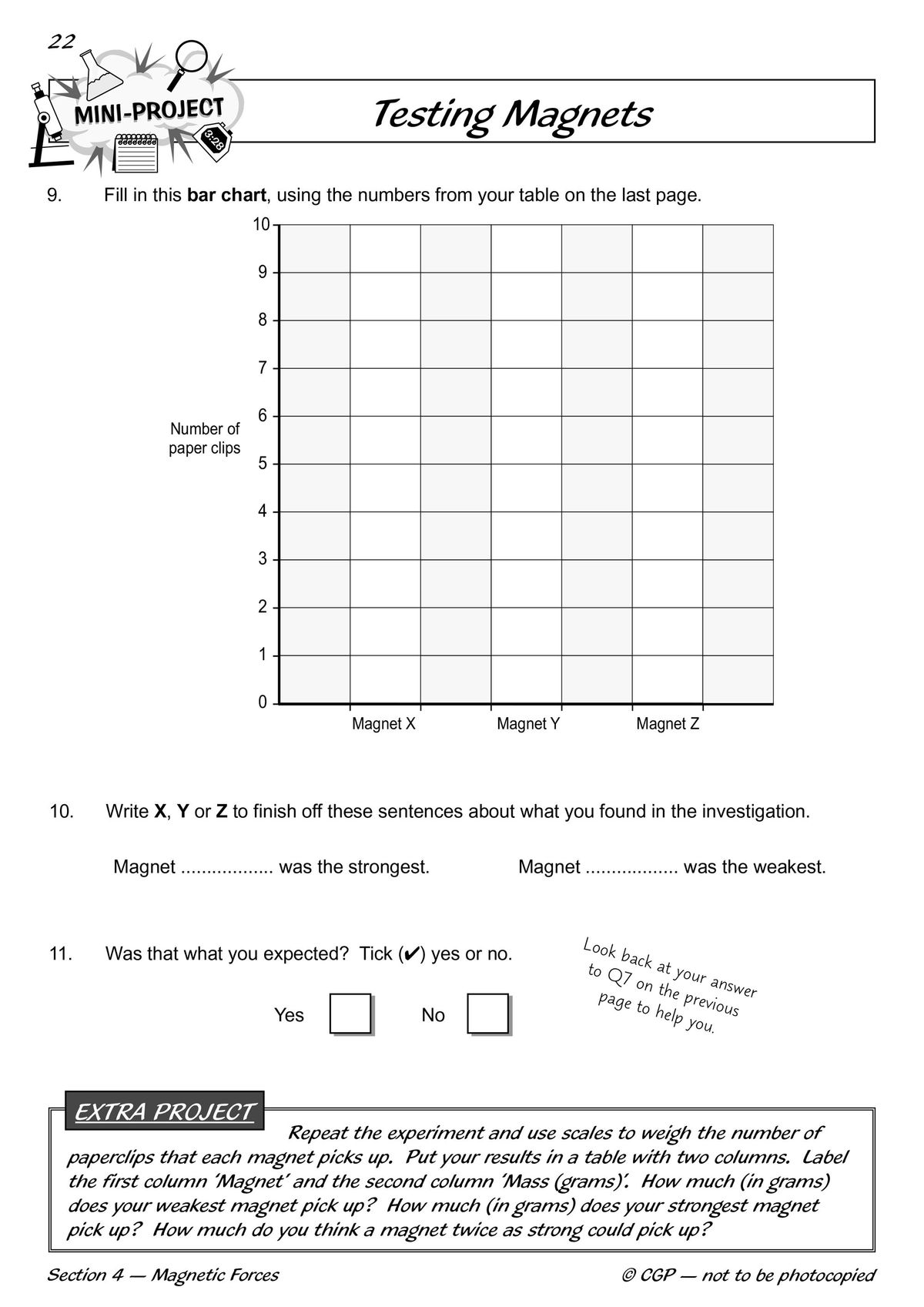 Mini-project page showing a bar chart activity and questions about testing magnets