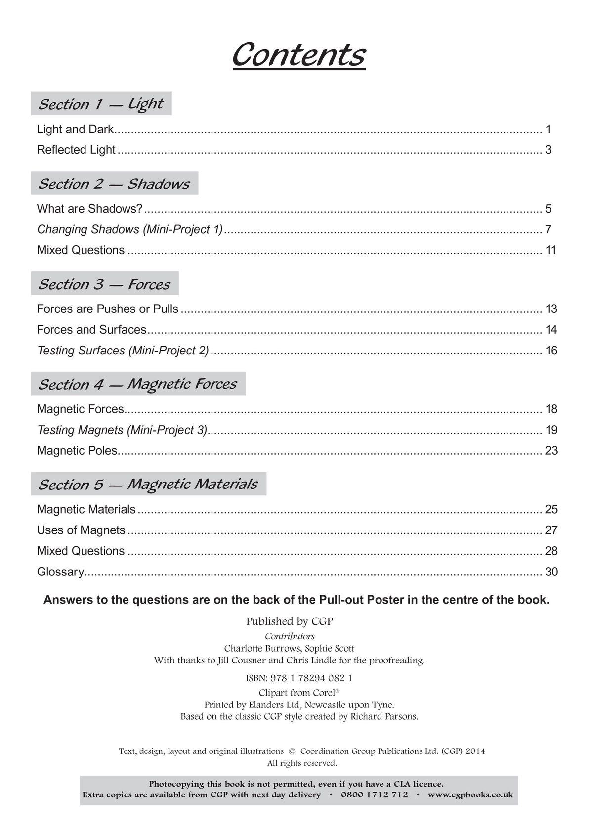 Contents page showing sections on light, shadows, forces and magnetic forces with mini-projects