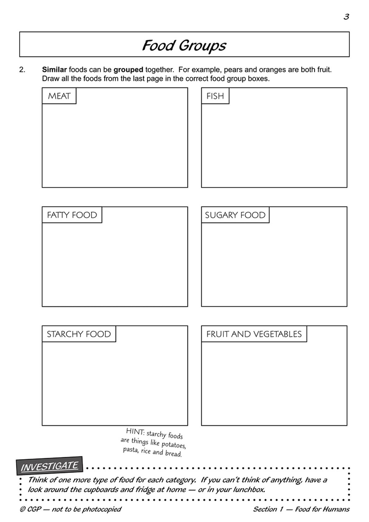 Inside pages showing food group sorting activities and practical science tasks