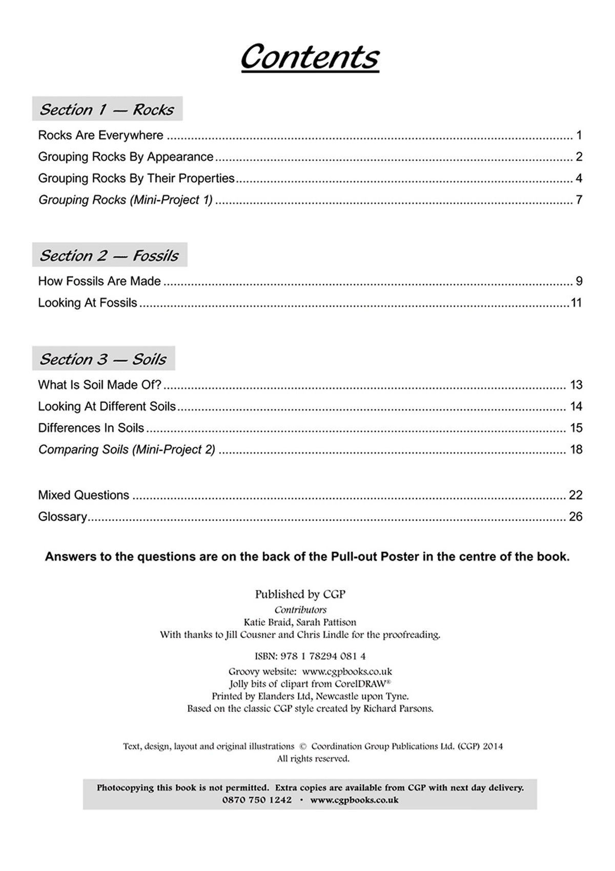Contents page showing three sections: Rocks, Fossils and Soils, with mini-projects and mixed questions included