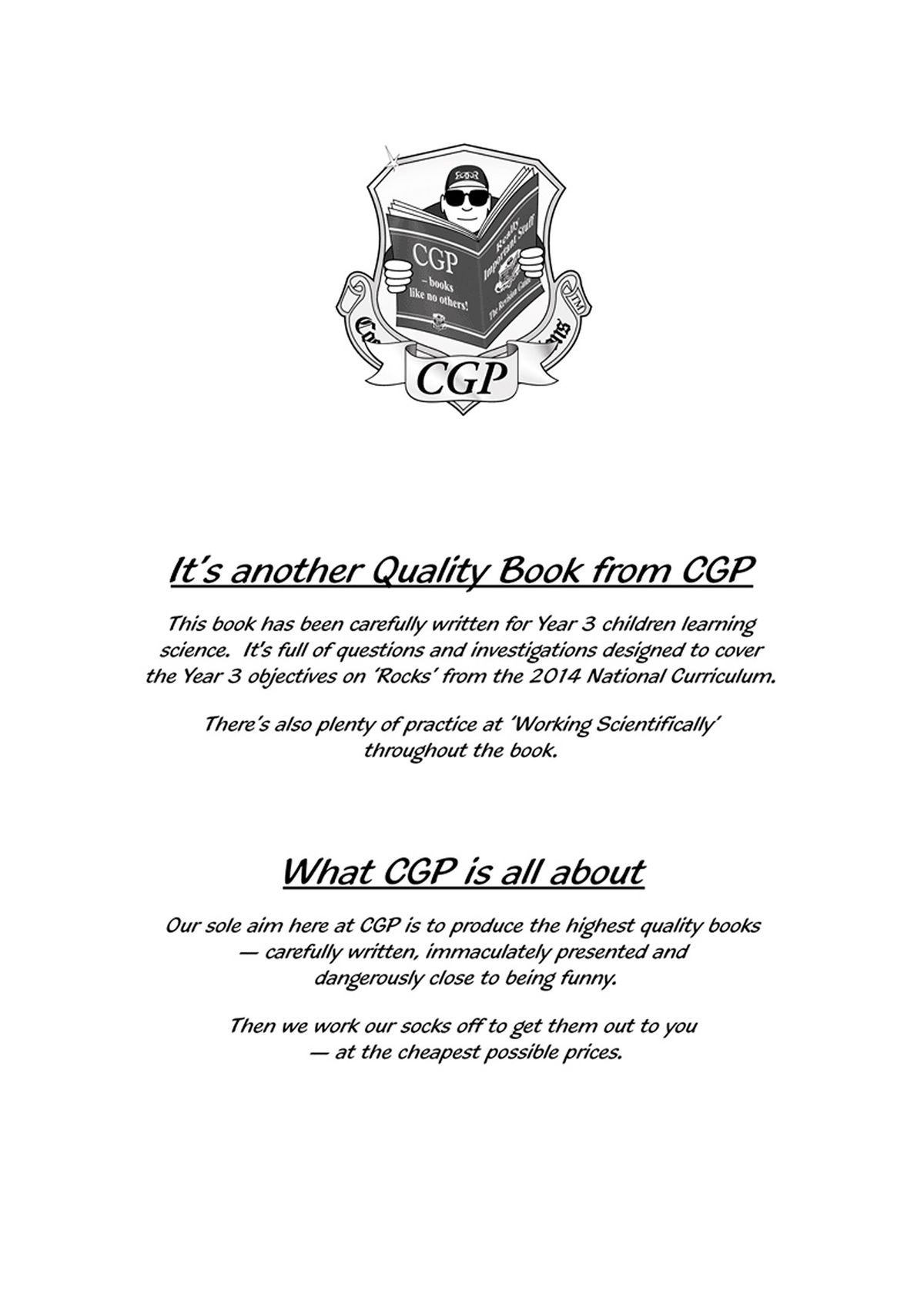 Sample workbook page with CGP branding and introduction text explaining Year 3 objectives for rocks