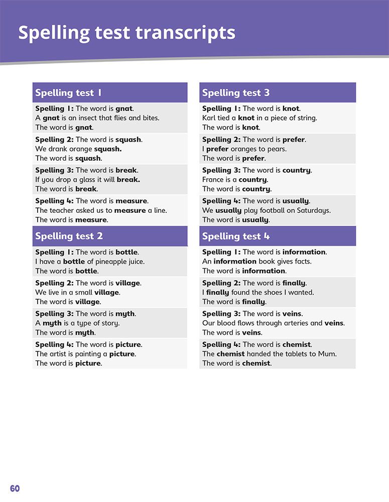 Spelling test transcripts showing word lists and example sentences