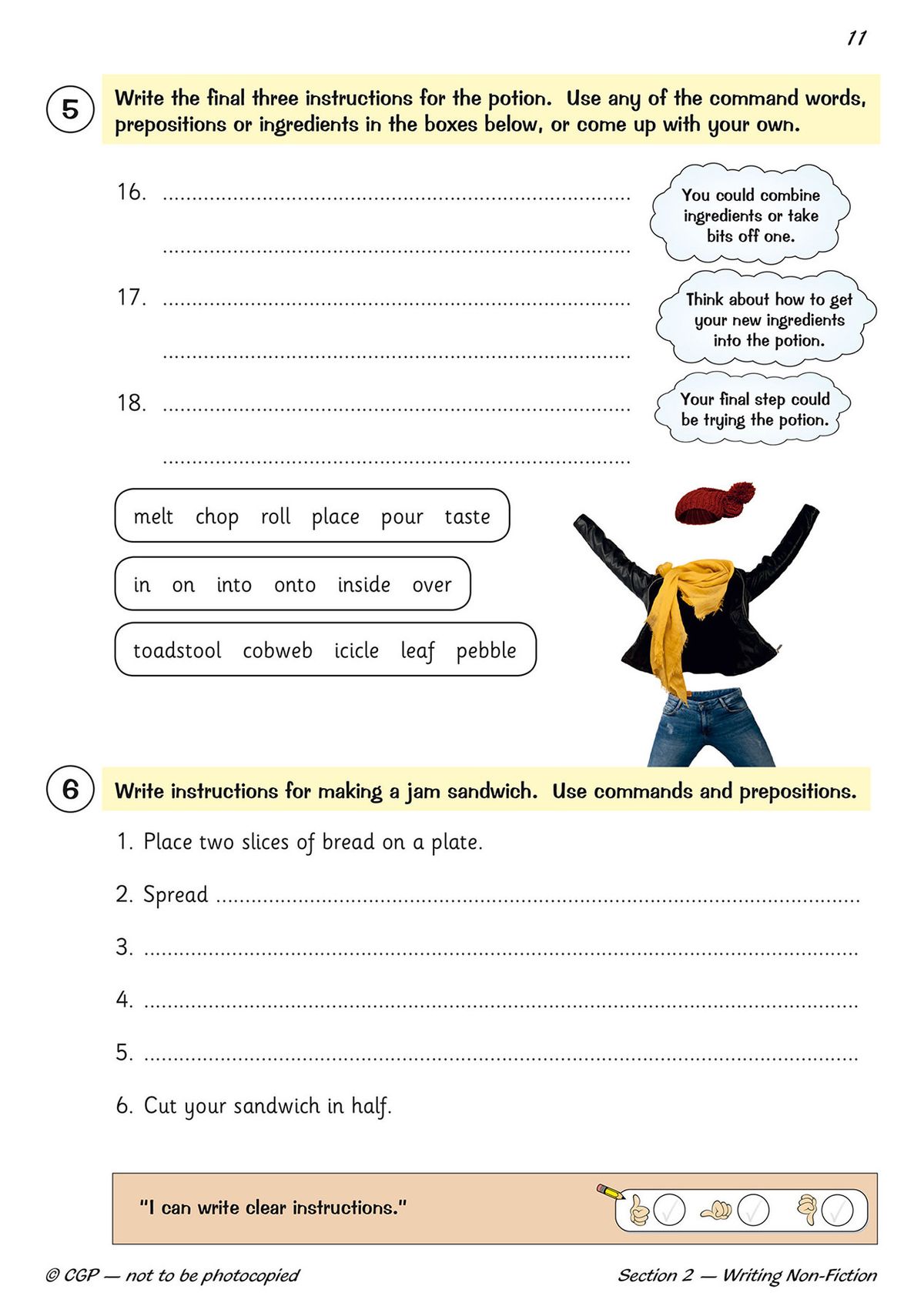 Inside page showing writing instructions exercise with prepositions and command words