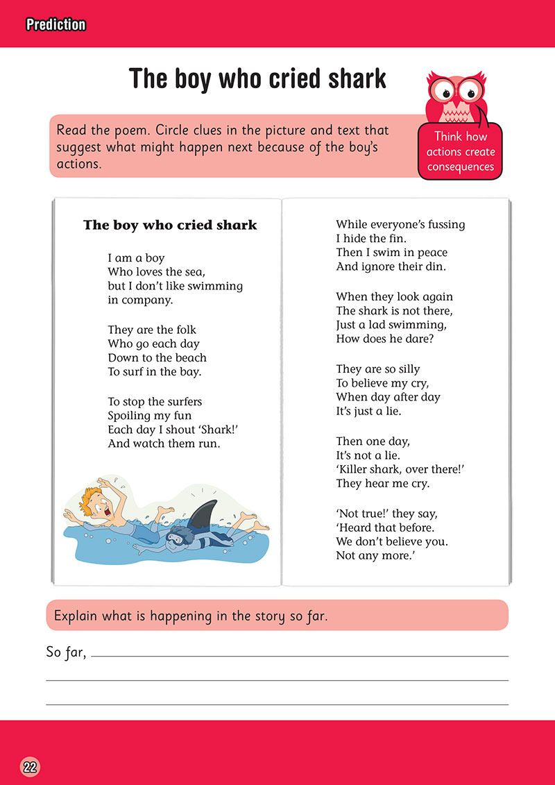 Cover of Year 4 Comprehension Workbook showing a boy reading and prediction activities