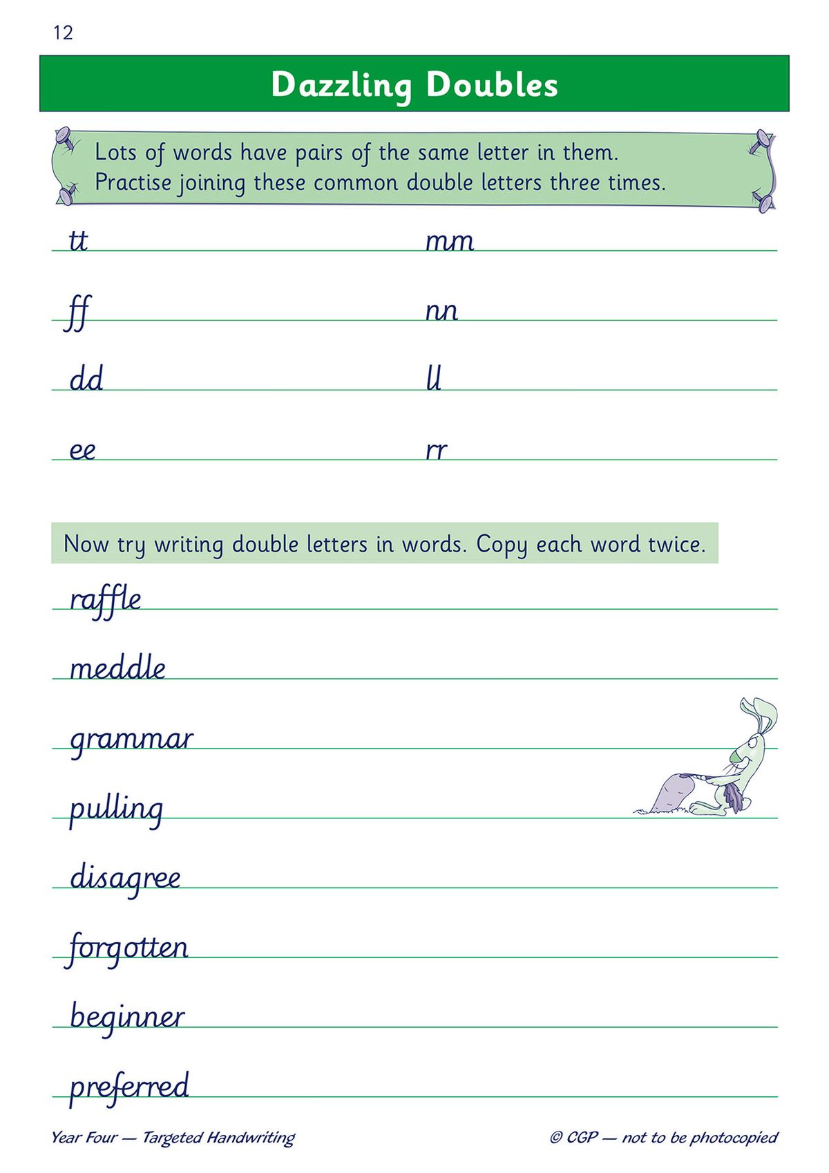 Practice page showing double letter joins in words like raffle, meddle, and grammar