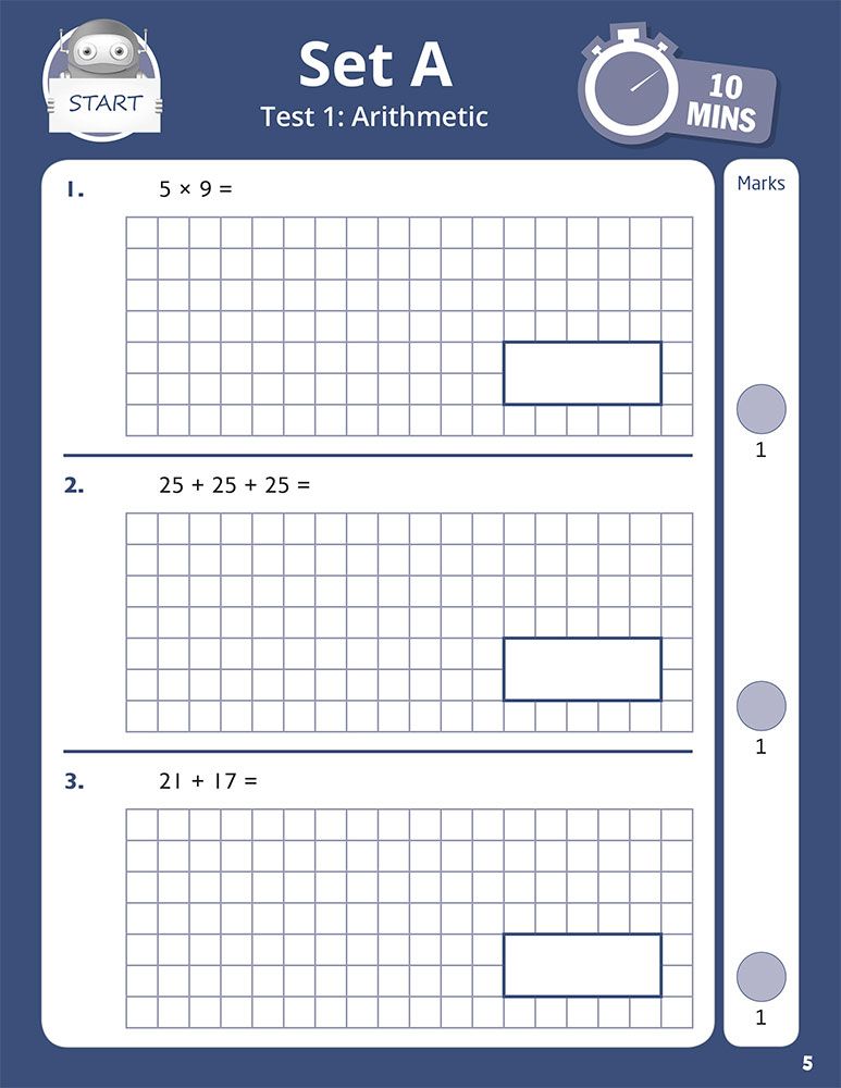 Year 4 Maths 10-Minute SATs Tests showing Set A Test 1 Arithmetic page with grid-based maths questions