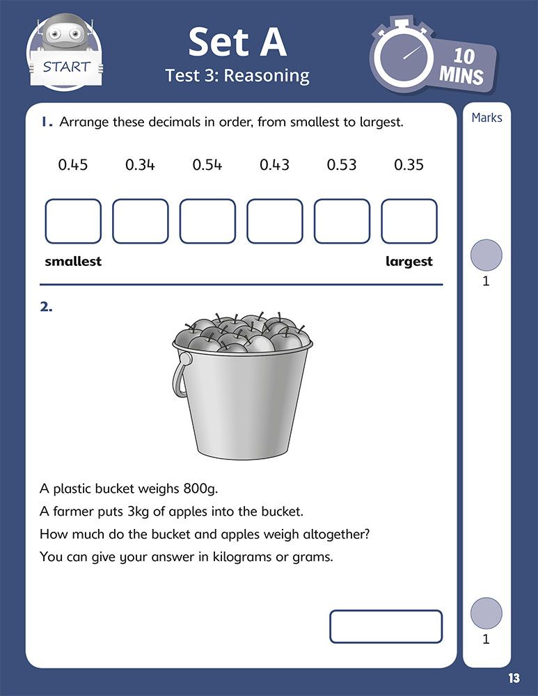 Sample reasoning test page showing Set A Test 3 with decimal ordering and word problem questions