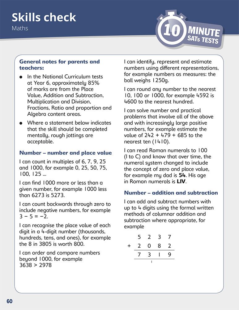Skills check page for maths showing curriculum objectives for number and place value