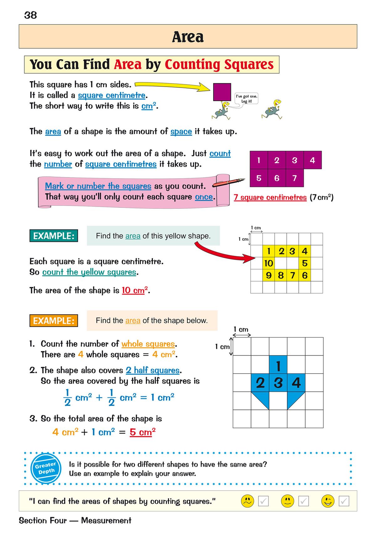 Worked example showing how to find area by counting square centimetres on a grid